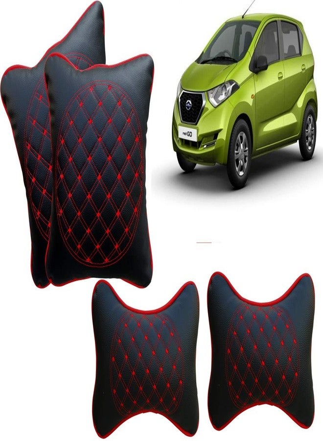 Selifaur Black and Red Double Quilted Car Cushion and Neck Rest Pillow Set of 4 for Redi Go - Image 1